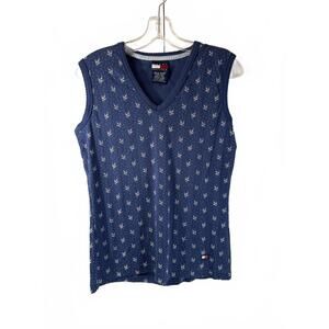 Tommy Hilfiger Womens Large Sleeveless V-neck Sweater Vest Navy Floral Stretch